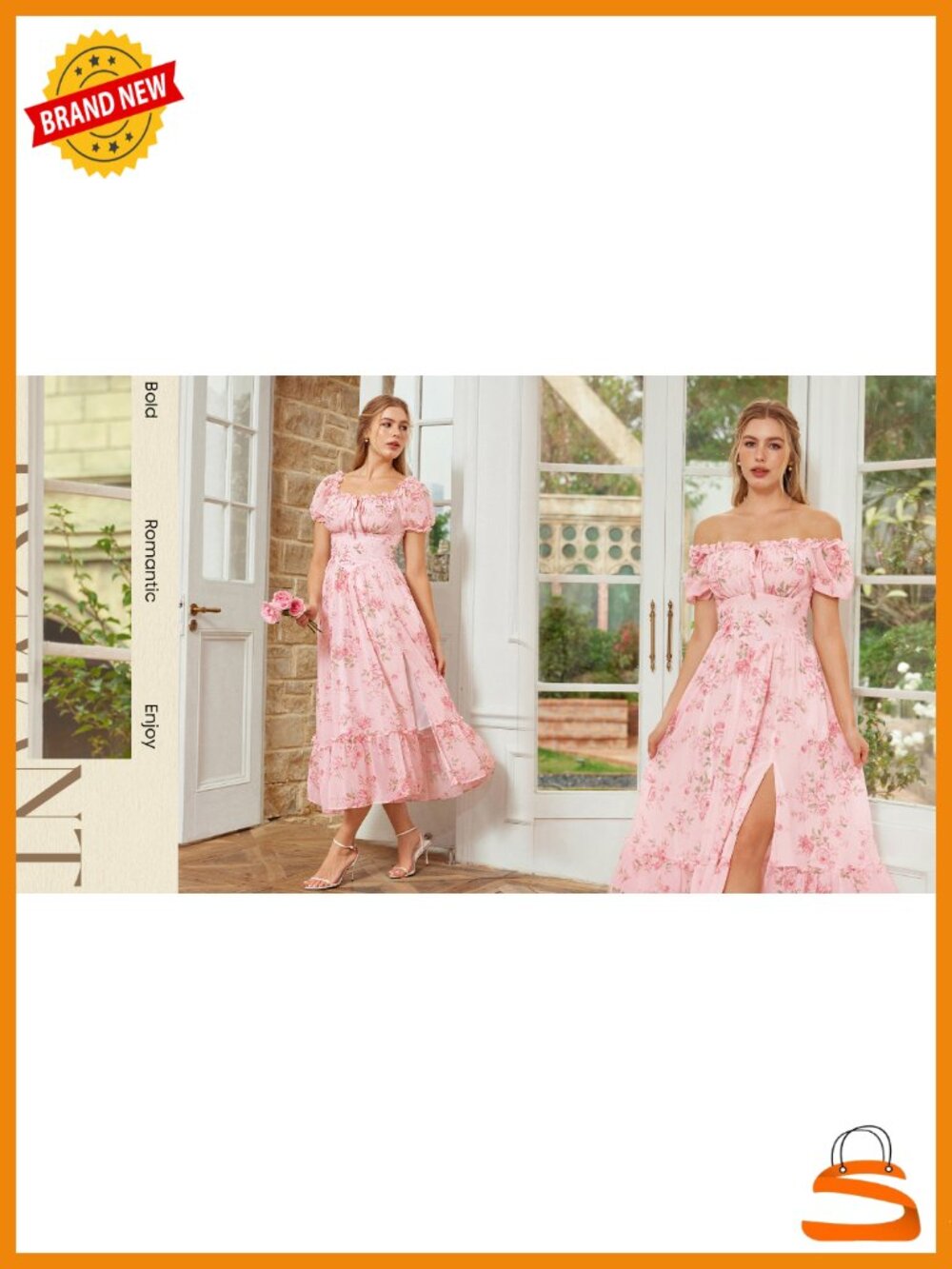 Floral Corset Dress Flowy A-line Midi Puff Sleeve Square Neck Side Pockets - Picture 6 of 6